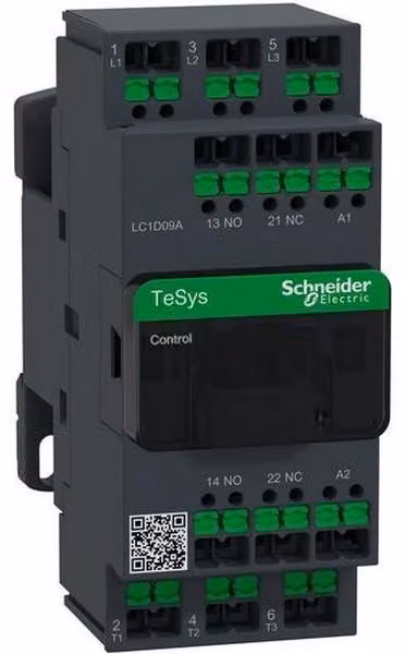 Contattore Schneider LC1D, modello LC1D09AB7, 3 poli + 1 contatto ausiliario + 1 contatto normalmente aperto, potenza 4 kW, corrente 9 A, 400 VAC, bobina 24 VAC