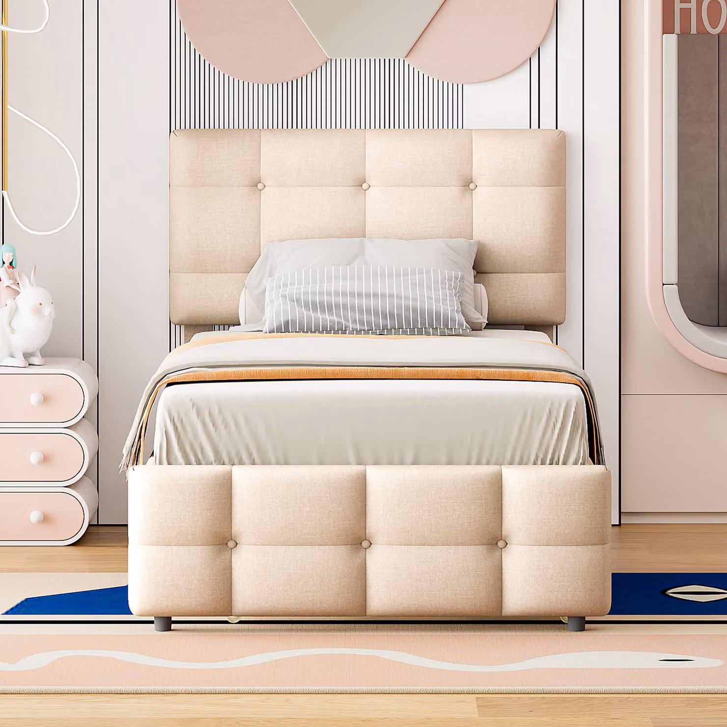 okwish Letto imbottito 90 x 200 cm con letto estraibile, Testata regolabile, Beige