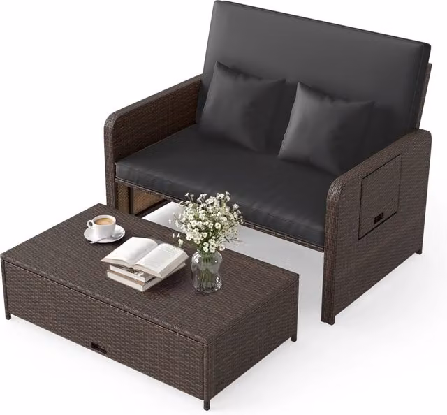 Divano letto in rattan per patio con schienale regolabile e tavolini laterali pieghevoli, Set 2 pezzi con divanetto e pouf per giardino e piscina Nero