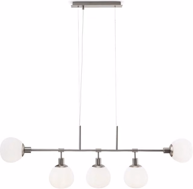 Lampadario Sospensione Erich Metallo Nichel 5 Luci E Diffusori Bianchi