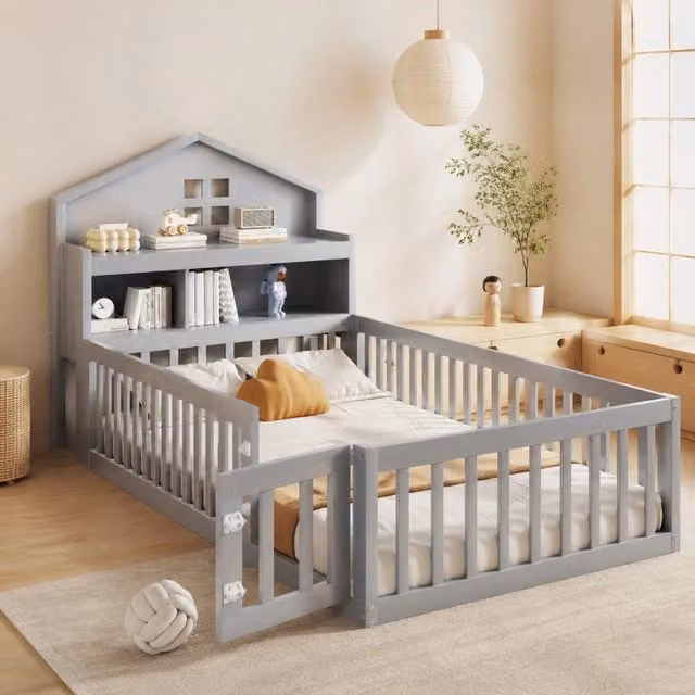 Letto per bambini 90x200 cm grigio in legno, con rete e ripiani, senza materasso