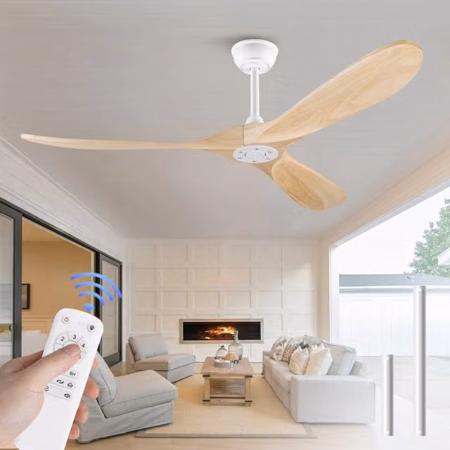 Ventilatore da soffitto in legno 60 pollici, colore legno naturale, design Mid-Century moderno con asta di discesa, impermeabile, senza luce, per terrazza, soggiorno, garage e padiglione