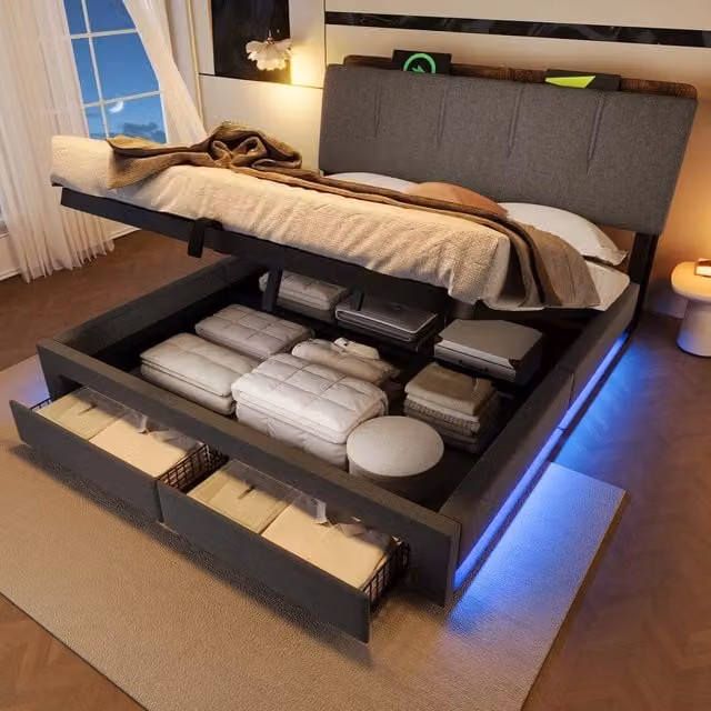 Letto Imbottito Contenitore con LED ¨C MINIMAL ¨C Tessuto Grigio 140x200 cm