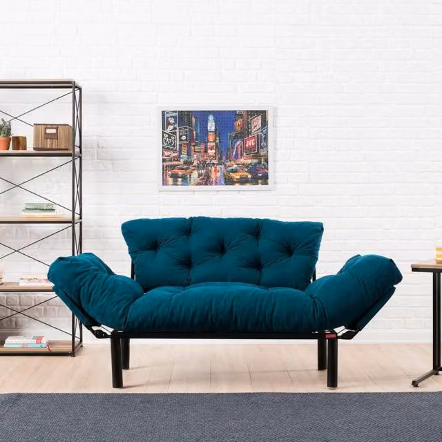 Divano Letto 2 Posti con Contenitore Guchol in Tessuto Blu Petrol, Design Moderno con Struttura in Metallo, L: 155 cm, P: 70 cm – 1