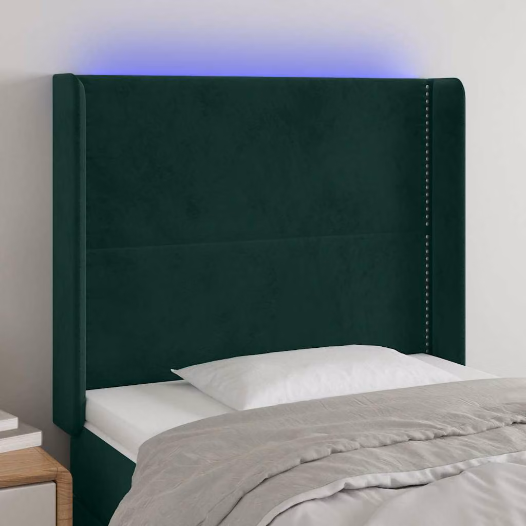 Testiera con LED e porta USB vidaXL in velluto verde scuro, L/P/H: 103 x 16 x 118/128 cm