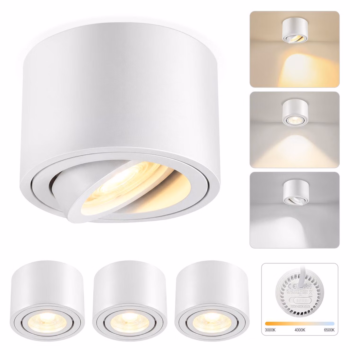 ZMH Faretto a LED da incasso, 4 pezzi, dimmerabile, 4 W, Ø 80 x 50 mm, ultrapiatto, orientabile a 30°, 3 CCT (3000 K/4000 K/6500 K), faretto da incasso a vista, rotondo, bianco