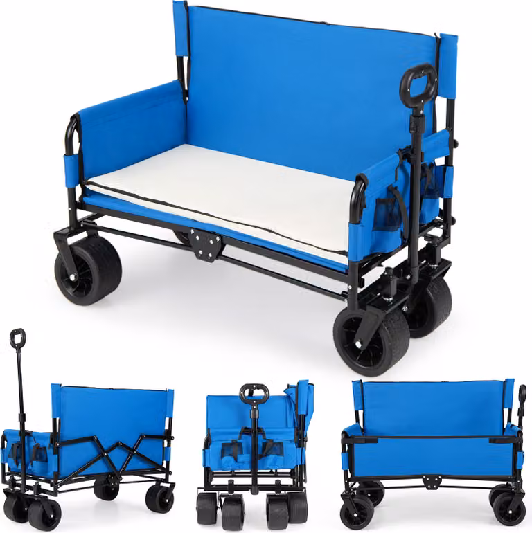 COSTWAY Carrello a mano 2in1 85L pieghevole, carrello da giardino con panca, maniglia regolabile, cuscini e tasche laterali, carrello a mano per il trasporto fino a 80 kg, blu