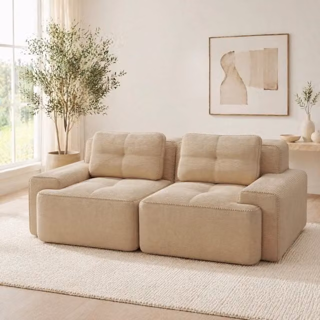 Divano modulare 204x104x69 cm in tessuto beige, con seduta profonda, per soggiorno piccolo –