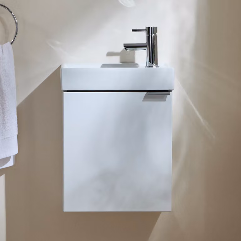 Mobile Bagno Bianco Sospeso da 400mm con Lavabo e Maniglia con Impugnatura a Dito Cromata - Cluo