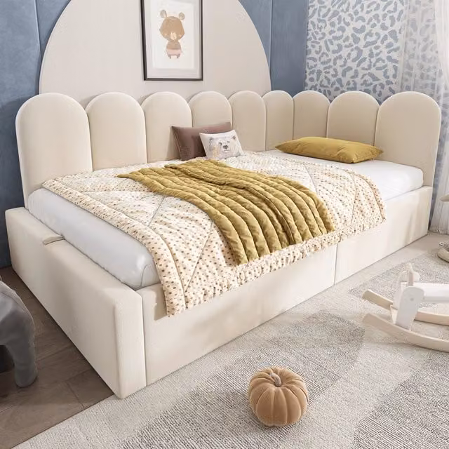 Letto divano singolo 90 × 200 cm con vano idraulico e schienale imbottito, senza materasso, in velluto beige
