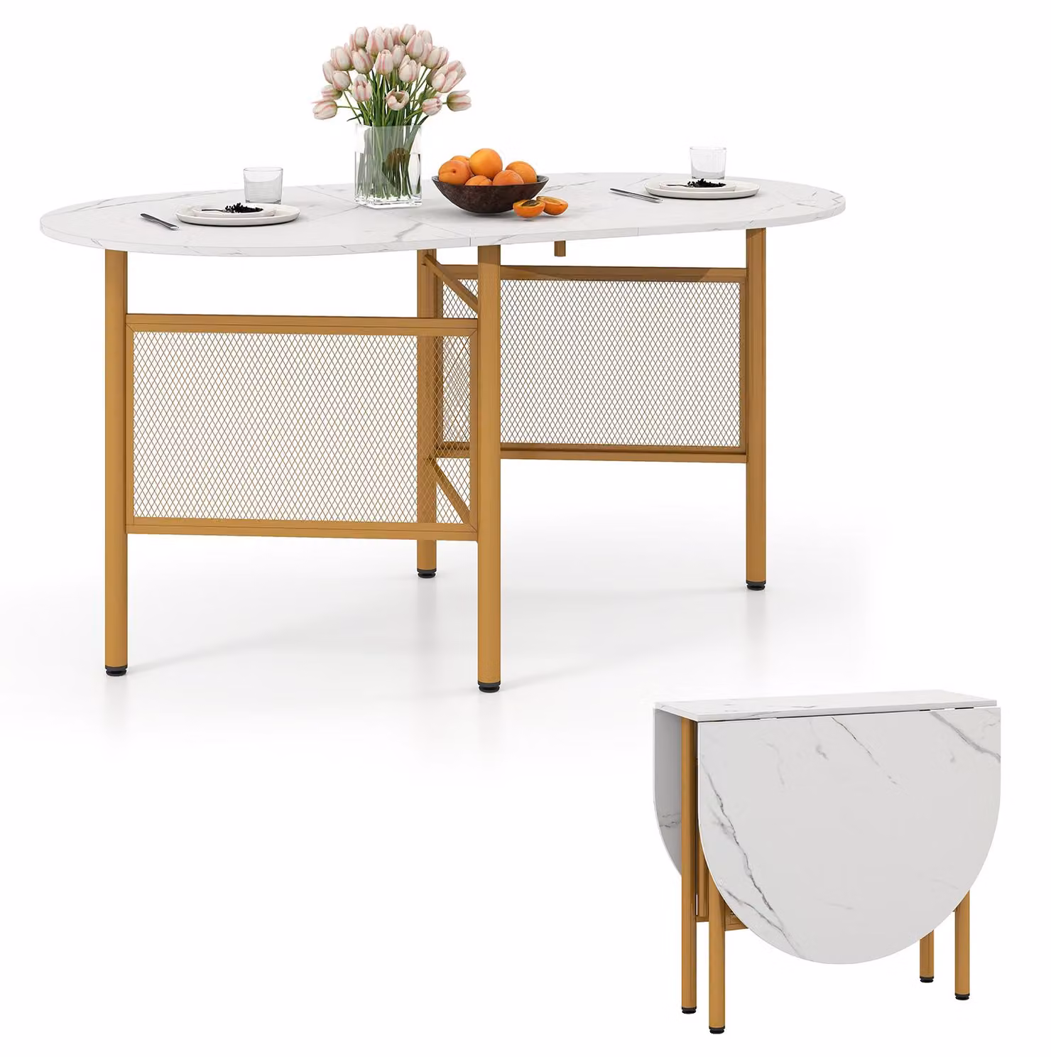 COSTWAY Tavolo da pranzo pieghevole, tavolo da cucina per 6-8 persone, tavolo pieghevole salvaspazio, tavolo da pranzo ovale per sala da pranzo, 150x80x76 cm (bianco + oro)
