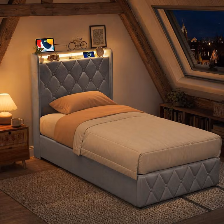 Letto imbottito UnboxG 90x200 cm con contenitore, letto imbottito in velluto con sistema di sollevamento idraulico, illuminazione LED, porta USB e porta di tipo C, rete a doghe, colore grigio