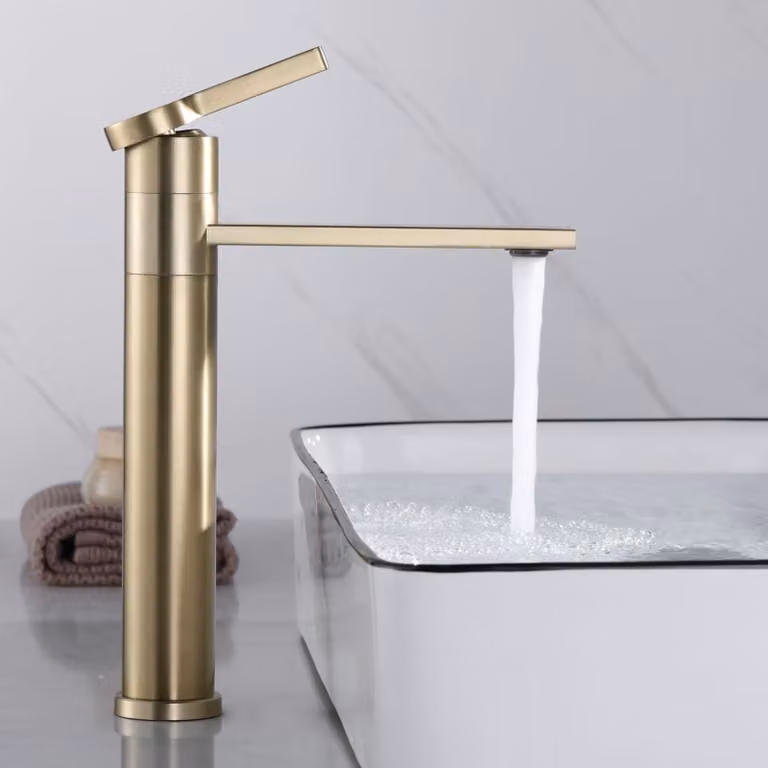 Miscelatore per lavabo, rotazione a 360°, finitura oro spazzolato, monoblocco