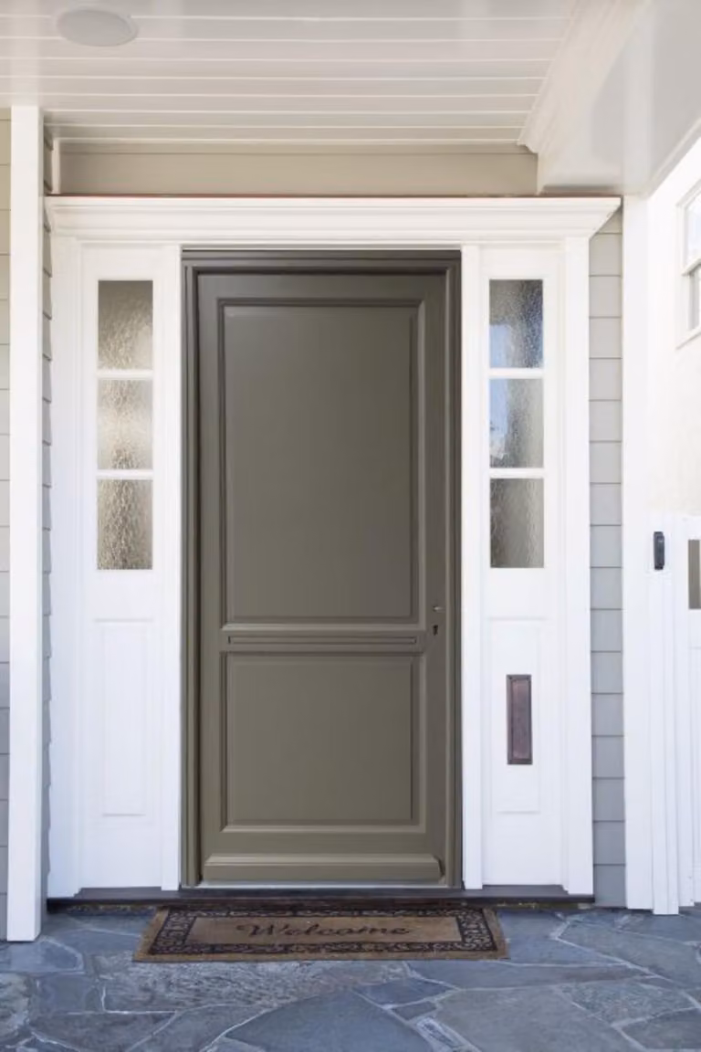 Porta d'ingresso in legno pieno Elixir, verde grigio oliva, H.215xL.90 cm, lato tavolo P. sinistra, GD MENUISERIES