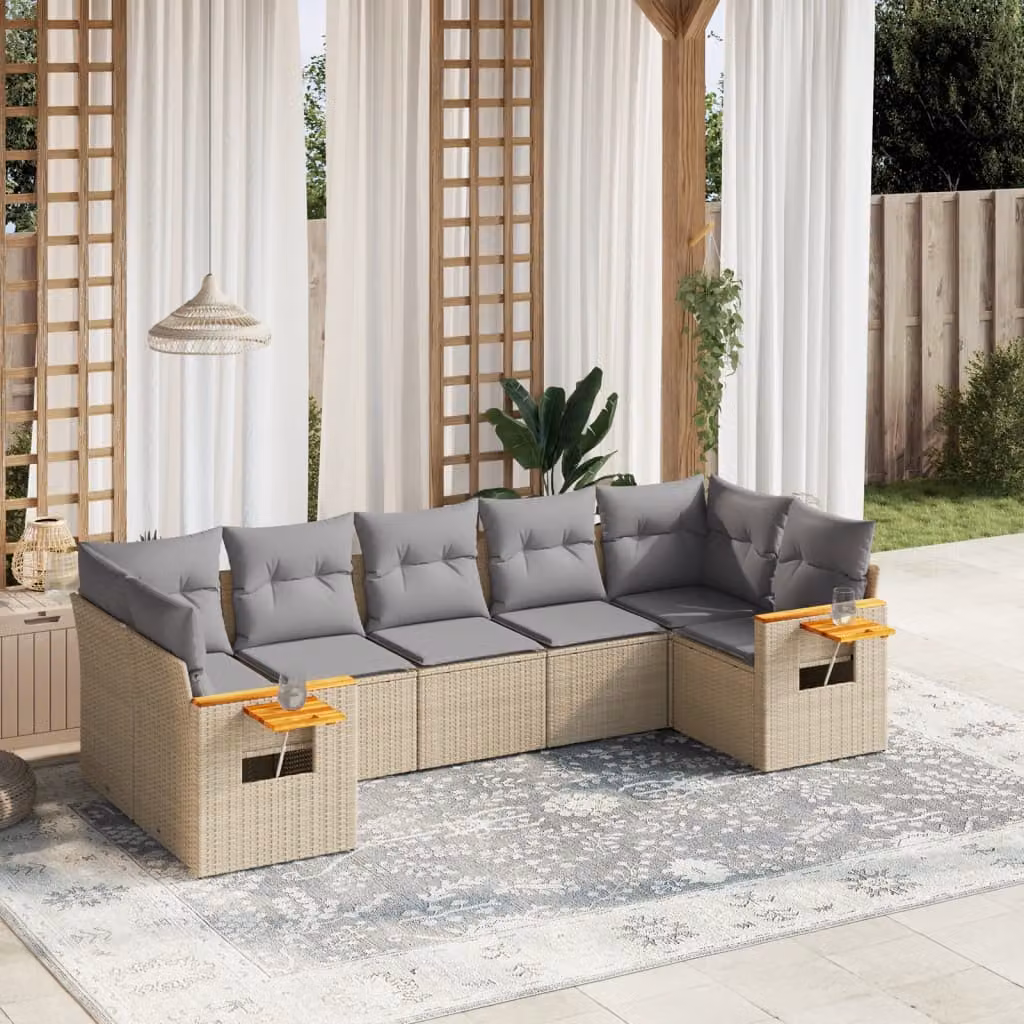 Set di divani da giardino vidaXL in polyrattan beige con cuscini e tavolino da esterno a forma di L – 1
