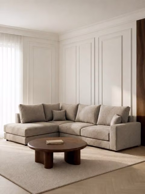 Divano angolare sinistro Orson Kenay Home, 5 posti, marrone e beige, design moderno in tessuto con cuscini inclusi, L: 299 cm