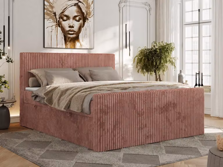 Letto continentale con contenitore per biancheria da letto TILIANO DUO 140x200 Medium H3 - Topper T25, Rosa - tessuto a coste