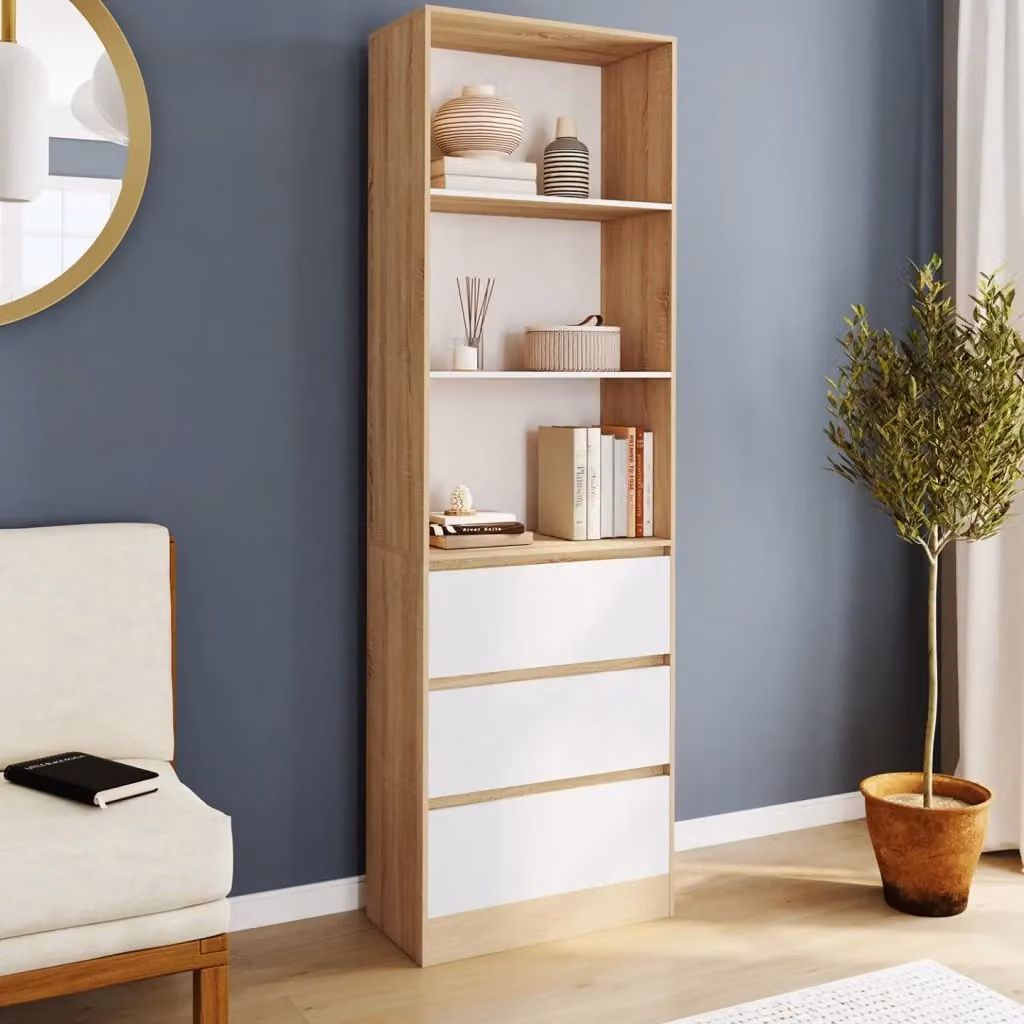 Libreria IDMarket CARLA con 3 livelli e 3 cassetti, colore bianco ed effetto legno, H 190 cm – 2
