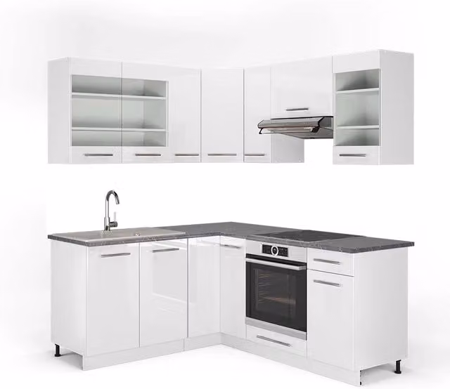 Cucina angolare completa Fame-Line Bianco lucido/Bianco 190 x 160 cm, PL Antracite Vicco