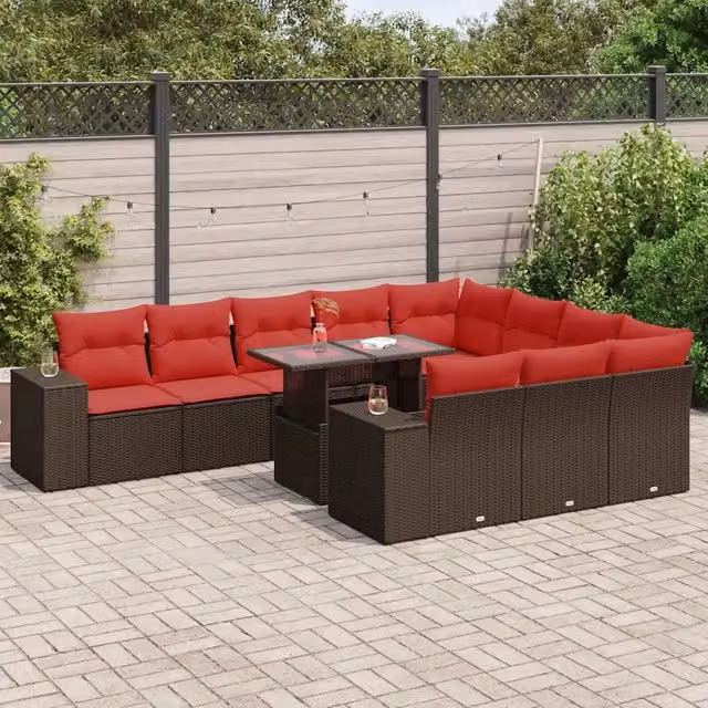 Set di Divani da Giardino vidaXL 11 Pezzi in Polyrattan Marrone con Cuscini e Tavolino da Caffè a Forma di U – 1