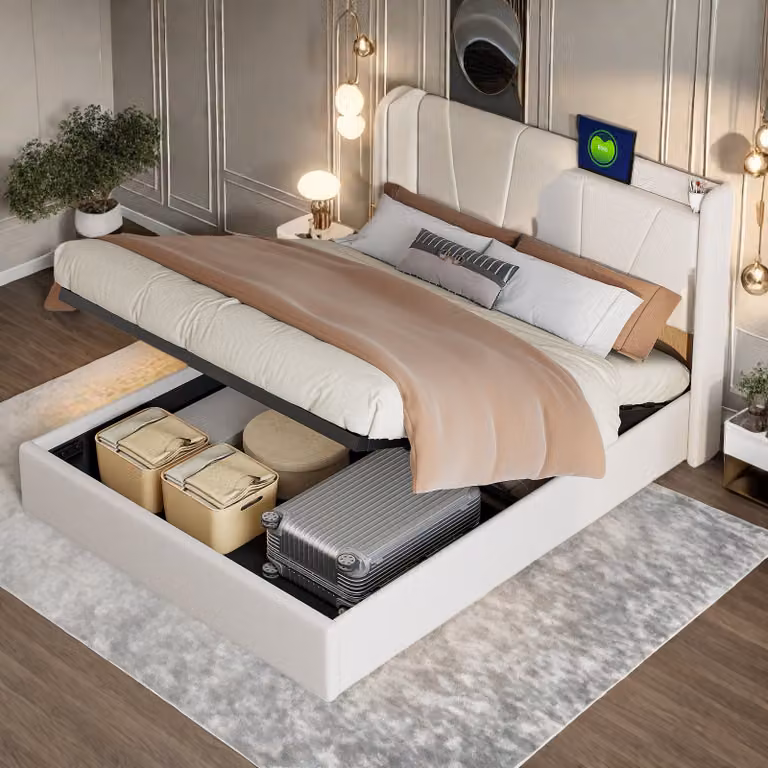 Letto UnboxG 140x200 con USB (supporto wireless), letto imbottito 140x200cm con testata e contenitore, letto matrimoniale con rete a doghe, letto contenitore letto giovanile Struttura letto moderno inPoliuretano- Beige