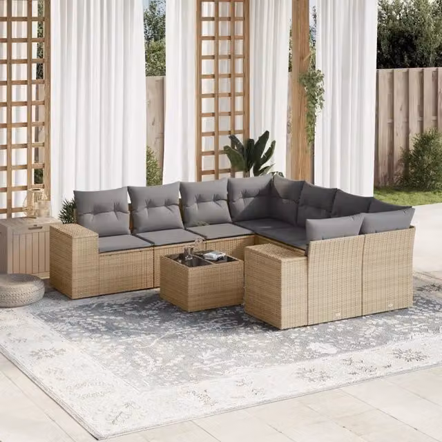 Set Divano da Giardino Moderno VIDAXL in Polyrattan con Cuscini Beige 9 pz