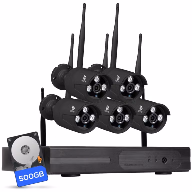 Telecamera di sicurezza esterna - 5 telecamere da 3MP - HDD da 500 GB - Visione notturna a 10 metri - Wireless Wi-Fi - Colore nero - Registratore NVR