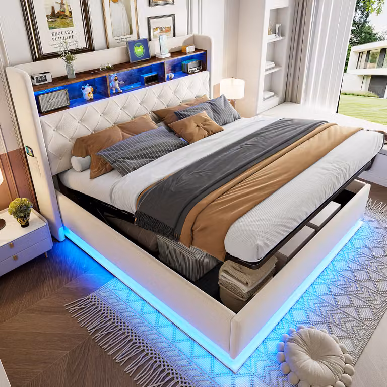 Letto imbottito STILVORA 180x200 con contenitore, letto con spazio contenitivo, struttura letto con comodino a LED, letto per ragazzi con porta USB, tessuto di lino, beige (senza materasso)