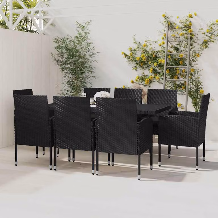 Set da pranzo da giardino vidaXL in polyrattan nero con piano in vetro per 9 persone