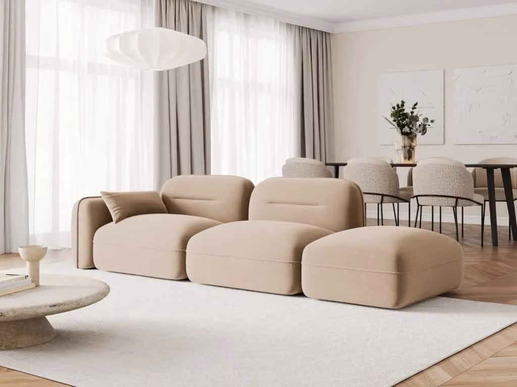 Divano modulare destro Sydney Cosmopolitan Design a 3 posti in velluto color sabbia L: 295 cm, P: 70 cm, H: 90 cm – 2