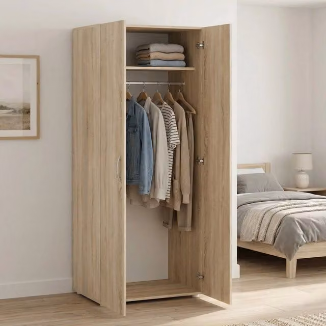 Armadio a 2 ante Malvito DMORA, mobile per camera da letto con appendiabiti e ripiani, L: 74 cm, P: 52 cm, H: 179 cm, Rovere