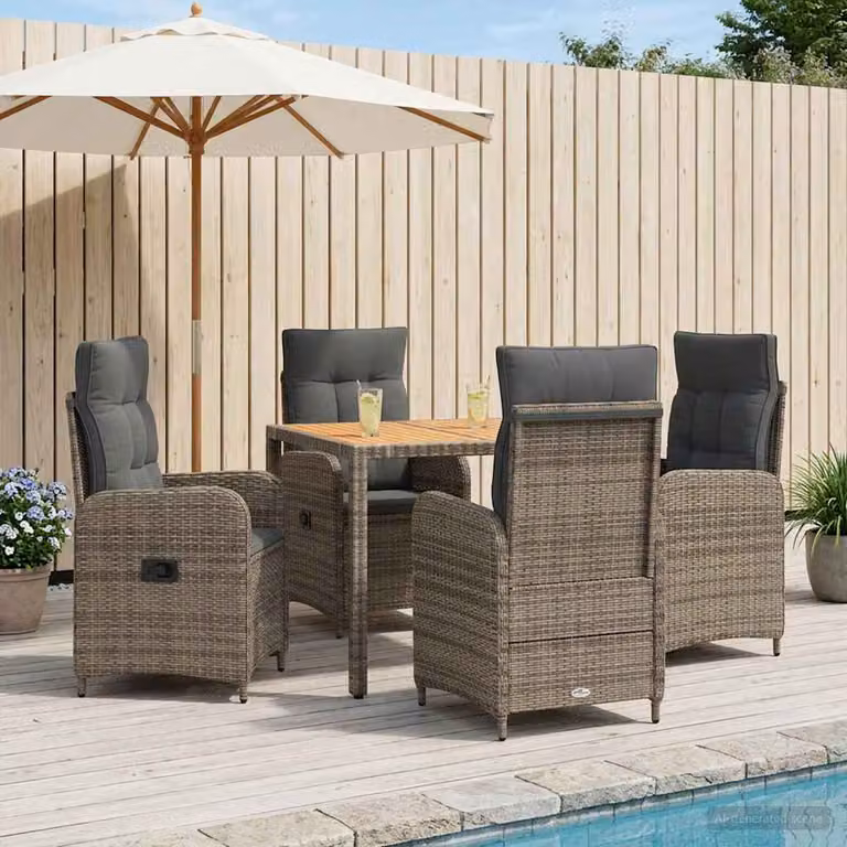 Set da pranzo per esterni vidaXL in polyrattan e legno di acacia, 5 pezzi, Grigio, L: 110 cm, P: 75 cm, H: 90 cm