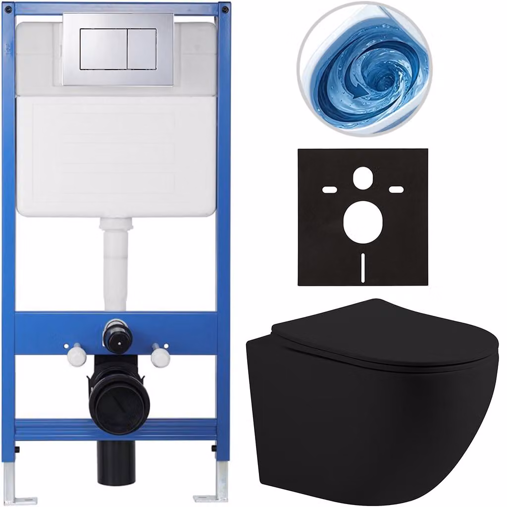 CERANO - Set completo per WC da incasso Lite/Cesso - nero opaco - pulsante WC Classic, cromato - installazione a parete/cartongesso - 49x36 cm