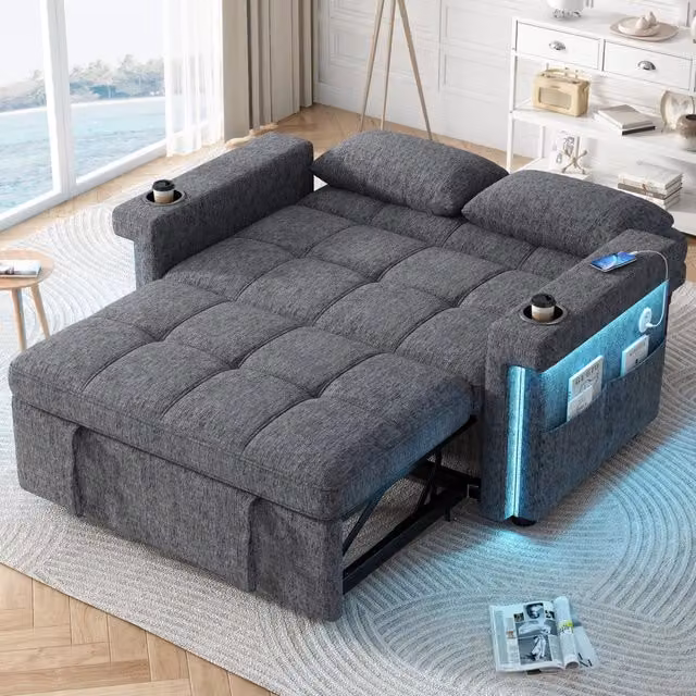 Divano letto MIVRAY a 2 posti in tessuto grigio con funzione letto e design moderno per soggiorno L: 145 cm, P: 90 cm, H: 76 cm