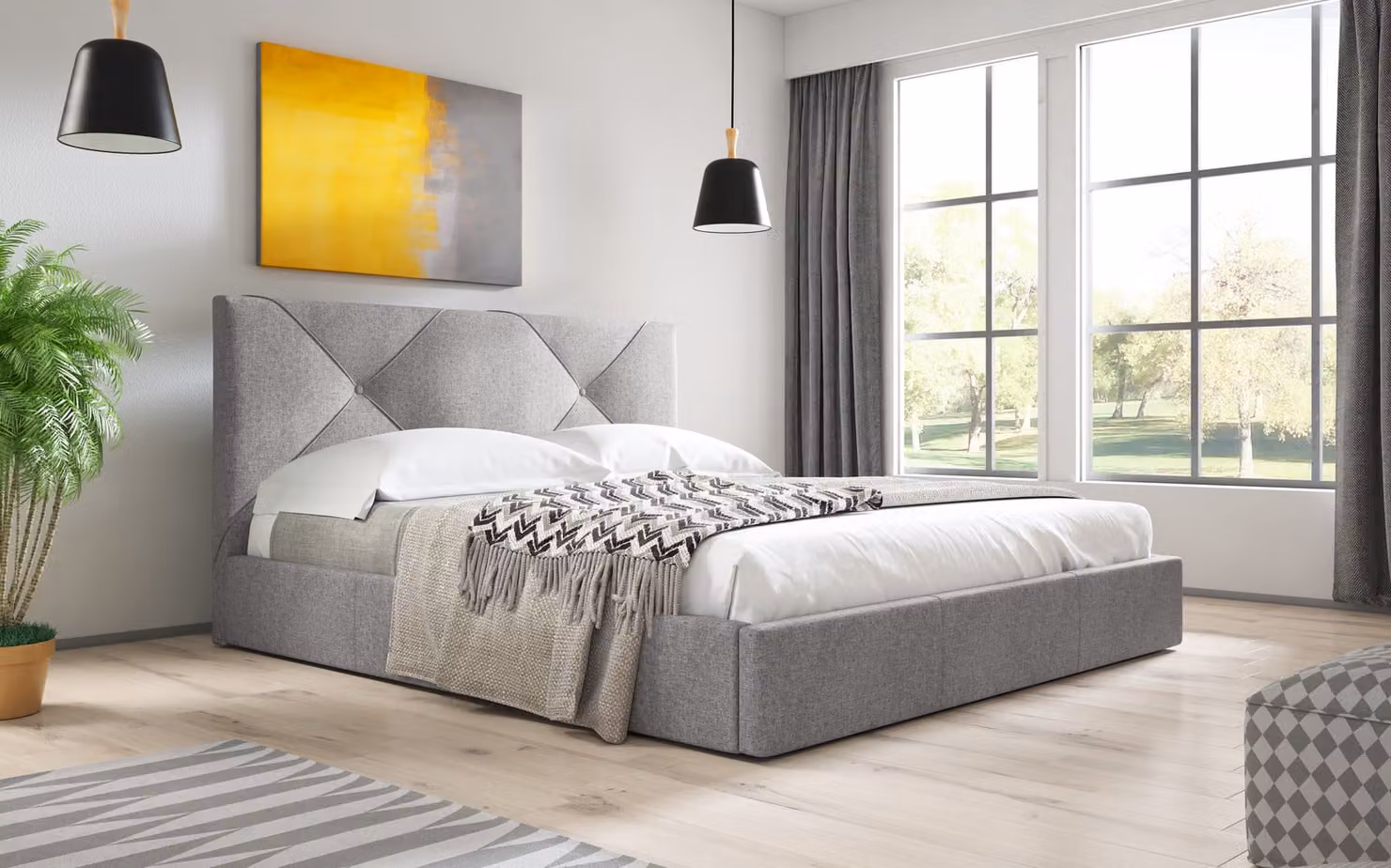 Letto imbottito Sofello, rete a doghe in legno, 120 cm, grigio, moderno, tessuto intrecciato con vano contenitore, rete a doghe in legno con funzione di sollevamento, design trapuntato