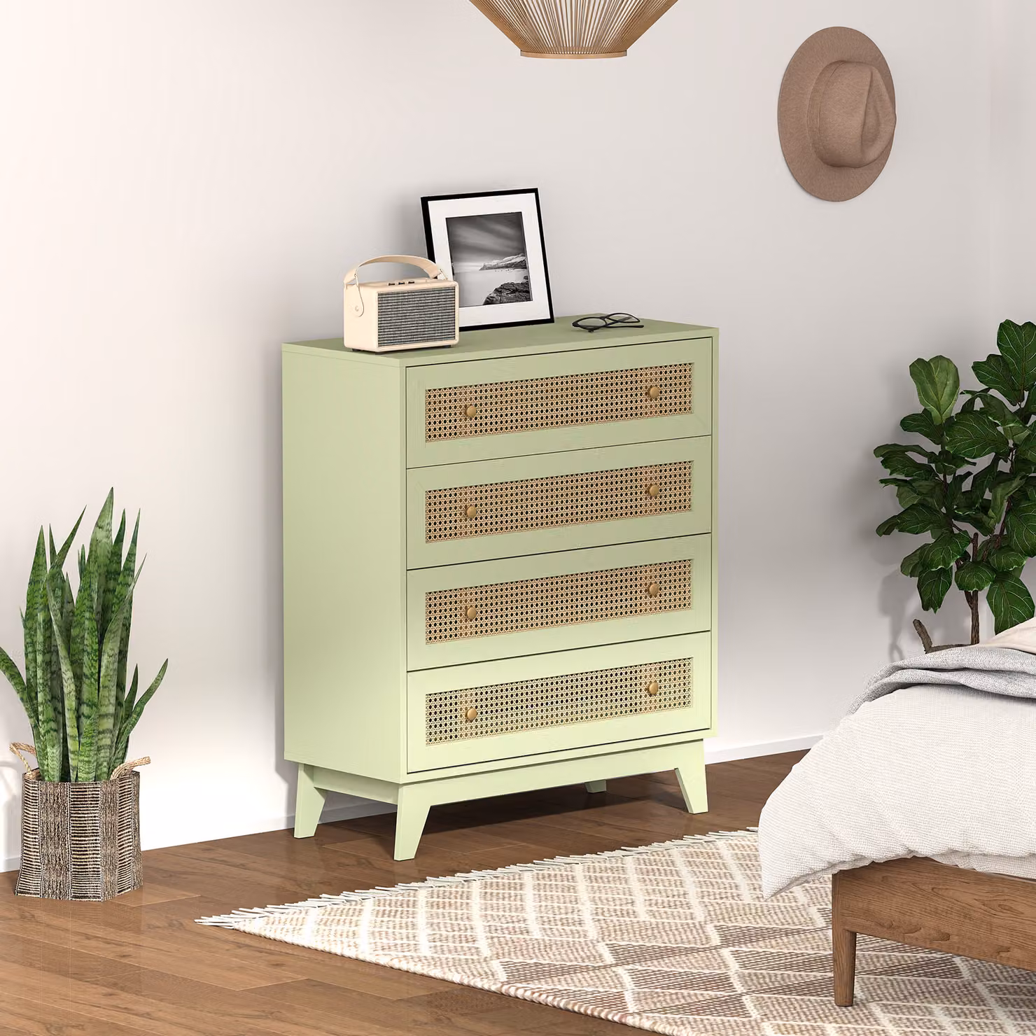 Cassettiera HOMCOM con 4 cassetti in legno ed effetto rattan, colore verde, L: 80 cm, P: 35 cm, H: 95 cm – 2