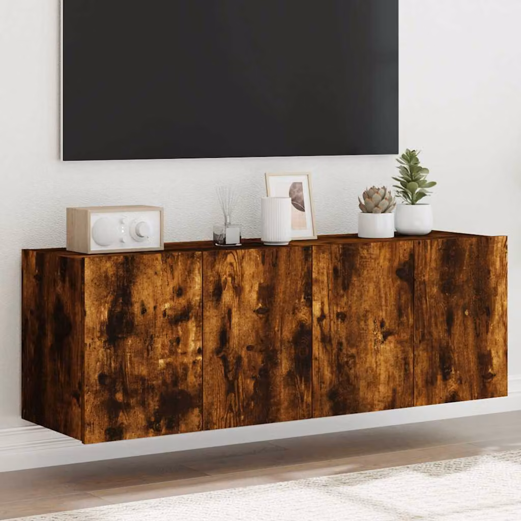 Set di 2 mobili TV da parete vidaXL con luci LED integrate, design minimalista in rovere fumo, L: 60 cm, P: 35 cm, H: 41 cm