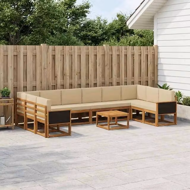 Set di divani da esterno vidaXL a forma di U in legno di acacia con tavolino da caffè, colore beige e marrone, 11 pezzi