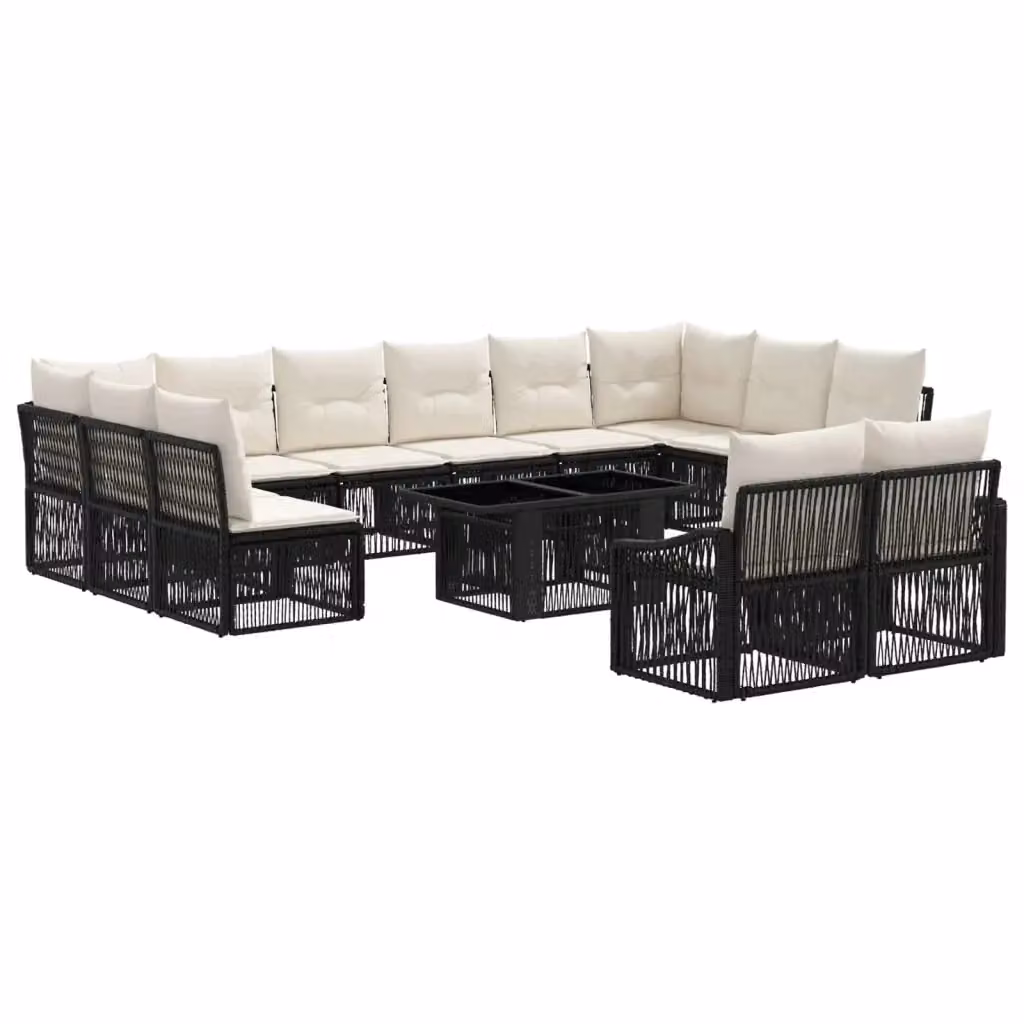 Set Divano da Giardino vidaXL a forma a U con Tavolino, 13 Pezzi, Nero e Bianco Crema, Polyrattan e Metallo con Cuscini Inclusi – 2