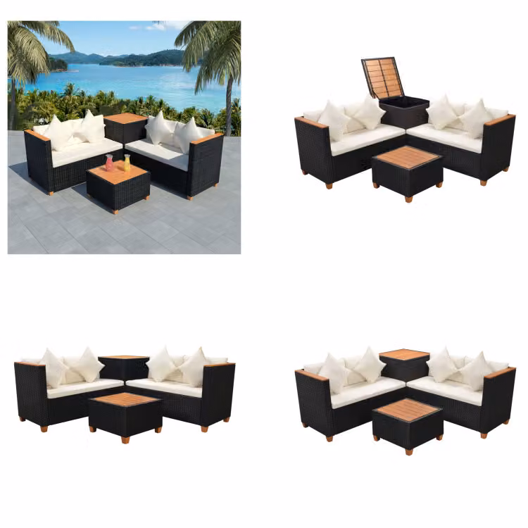 vidaXL set salotto da giardino 4 pezzi con cuscini in poly rattan nero - Set di mobili da giardino - Set di mobili da giardino - Divano da giardino - Divani da giardino