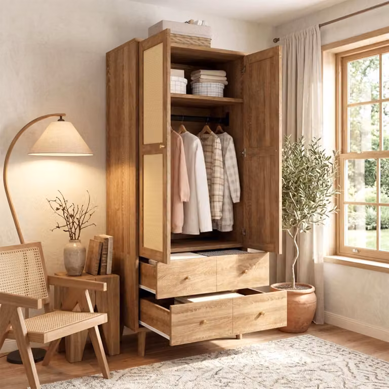 Armadio MODFU, 80 x 50 x 180 cm, mobiletto multiuso ad altezza scaffale con asta appendiabiti, contenitore con 2 cassetti e aspetto in rattan, finitura naturale e noce
