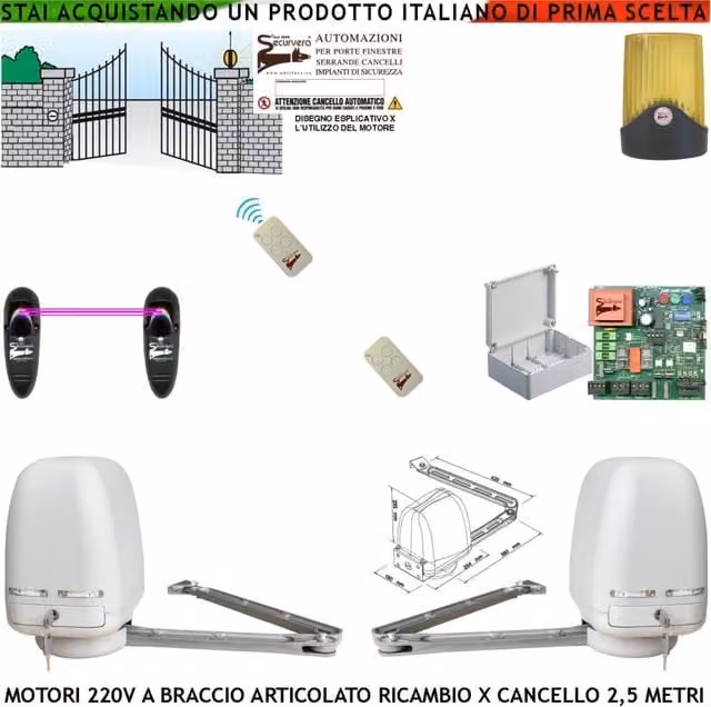 Motori Cancello Elettrico 220 V Braccio Articolato Ricambio Cancello Automatico 5 MT 2 Ante Battenti da 0,5 Fino a 2,5 Metri Centrale 2 Radiocomandi Fotocellule