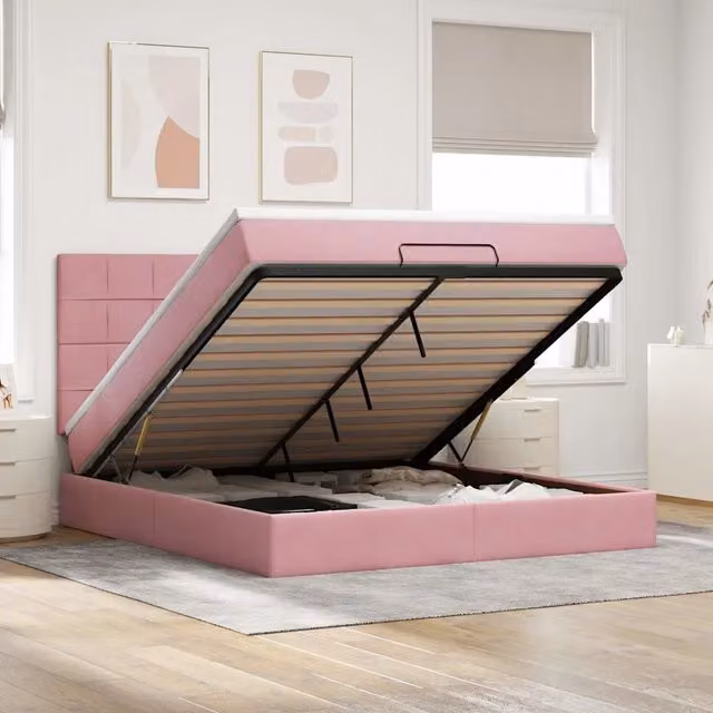 Letto con contenitore a sollevamento vidaXL in velluto rosa e bianco L: 180 cm, P: 200 cm, H: 280 cm