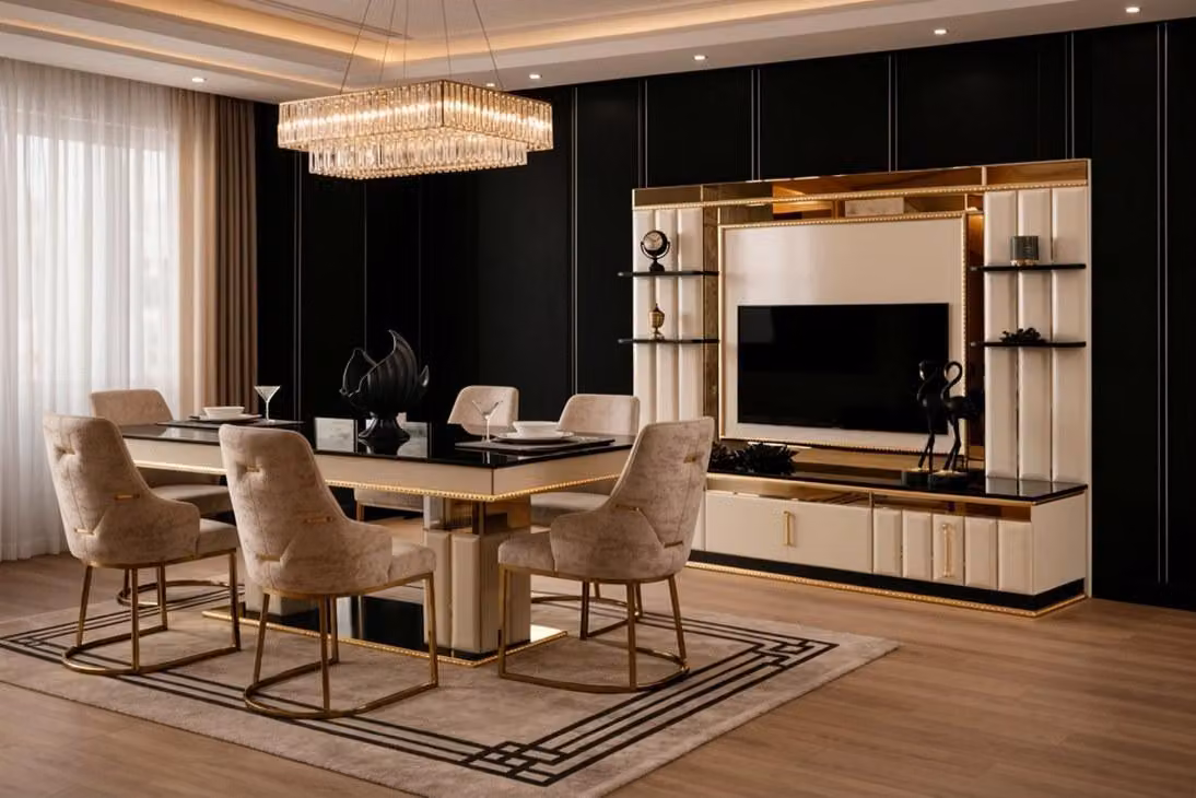 Set per sala da pranzo: tavolo da pranzo, 6 sedie, mobile TV, colore beige, stile moderno, elegante