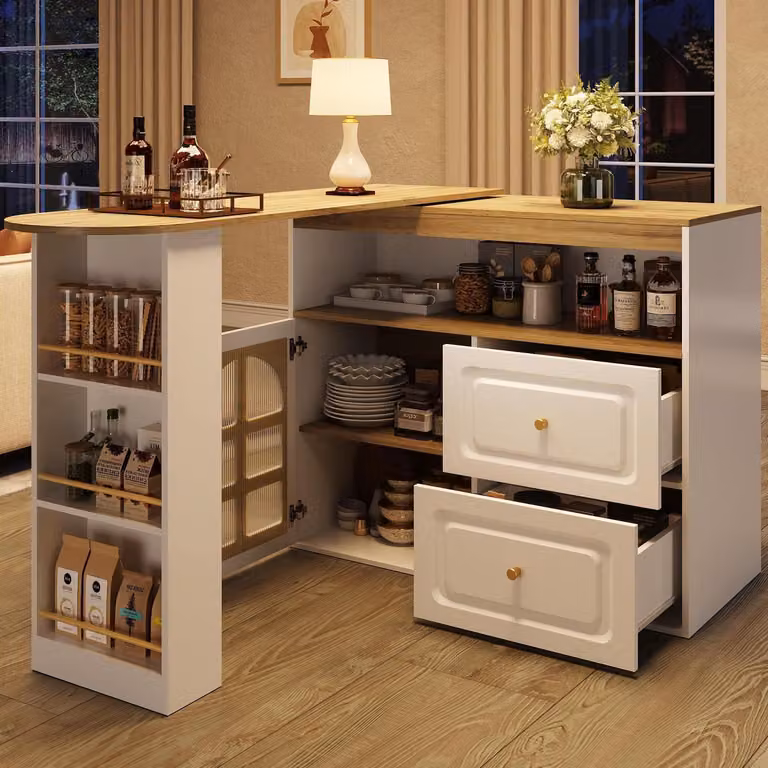 Tavolino da bar estensibile con spazio contenitivo, girevole a 360°, isola da cucina, mobile contenitore con ripiani e porta in vetro, colore bianco
