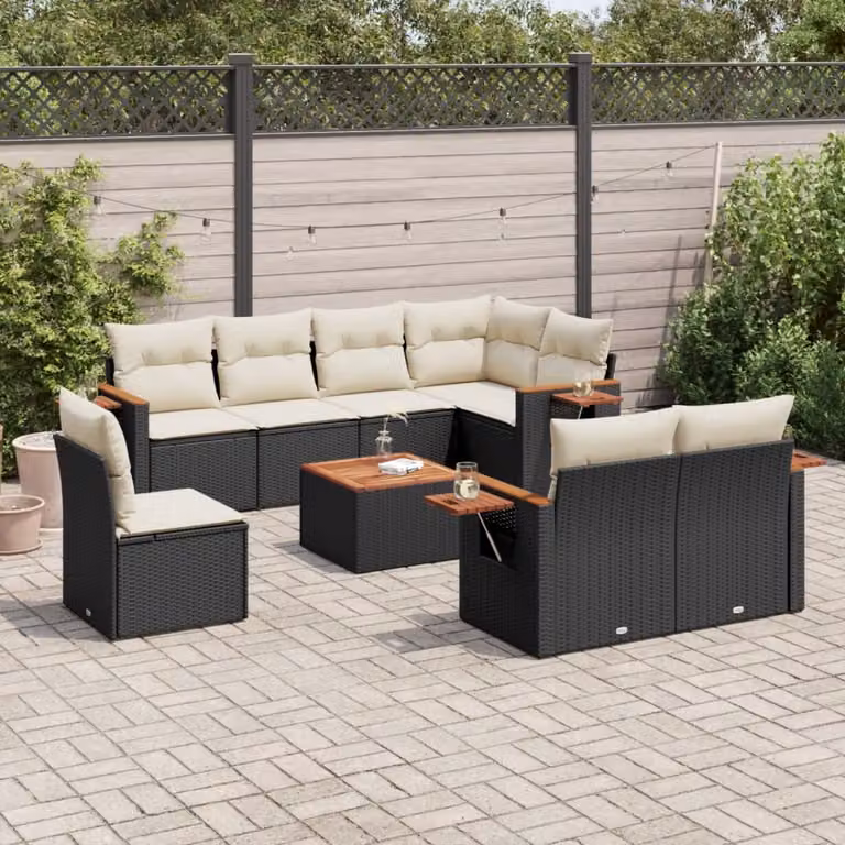 Set di divani da giardino vidaXL 9 pz in polyrattan nero con cuscini e tavolino da esterno