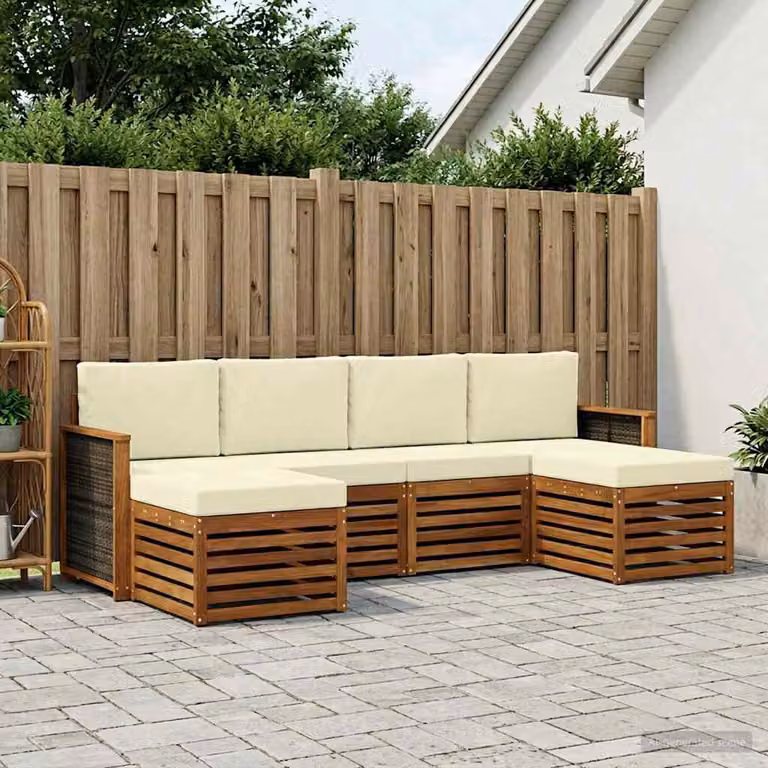 Set di divani da esterno vidaXL 5 pz in legno di acacia marrone e beige con cuscini inclusi a forma di L