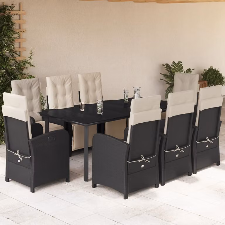 Set da Pranzo da Giardino vidaXL in Polyrattan Nero con Cuscini e Tavolo in Vetro, 9 Pezzi