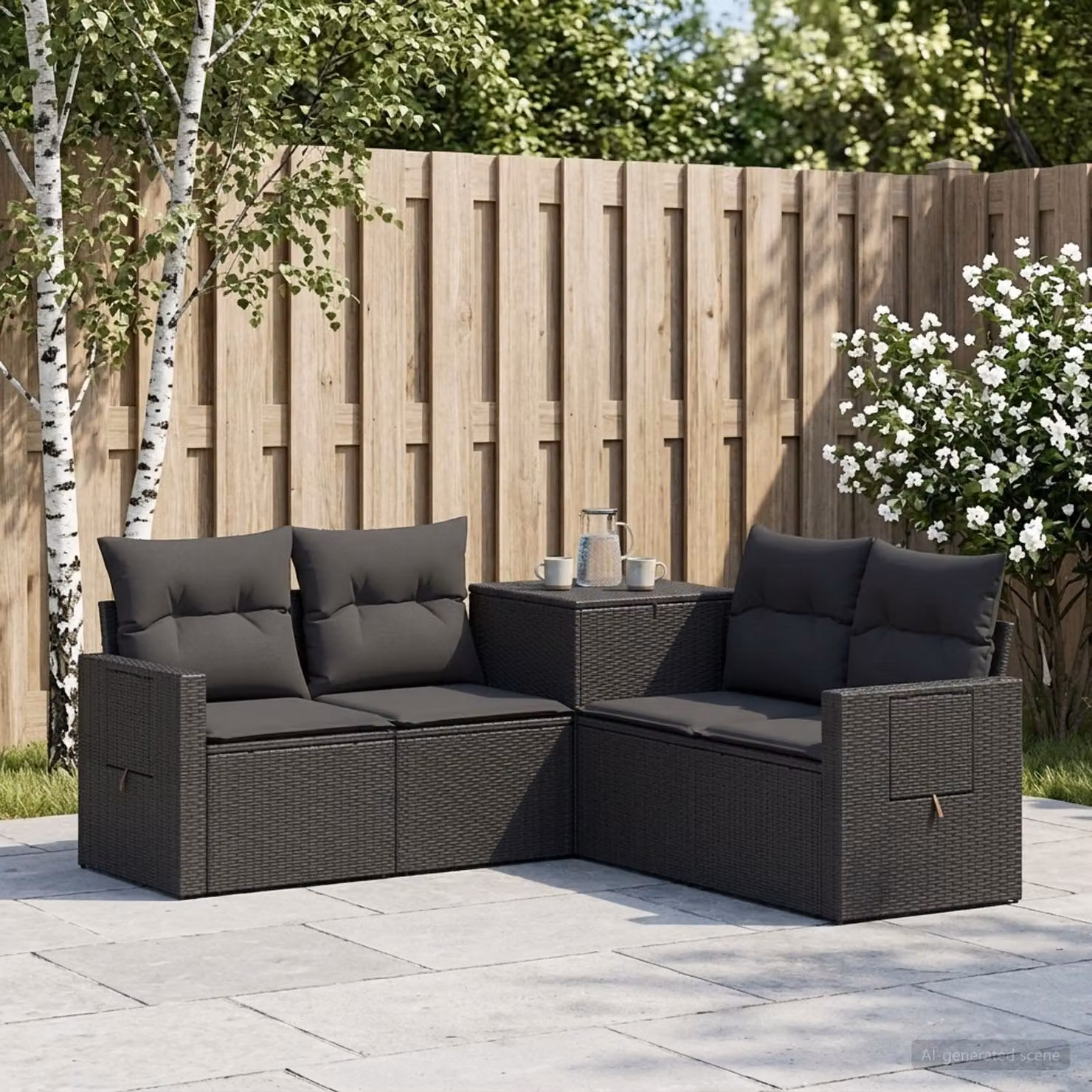 Set di divani da giardino a L vidaXL in polyrattan e acciaio nero con cuscini inclusi