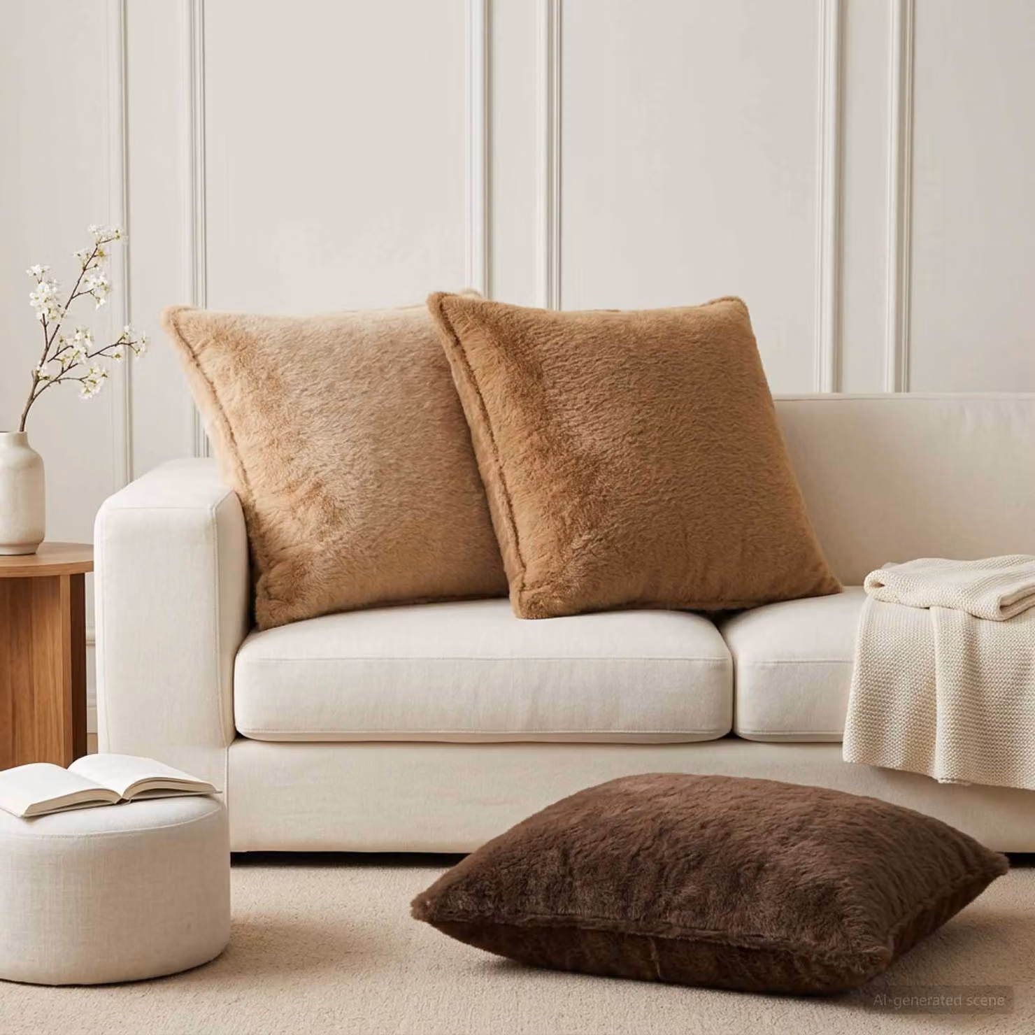 Set di 2 federe vidaXL HOUTEN in pelliccia sintetica beige, L 70 x L 70 cm